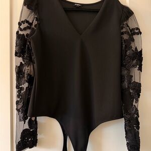 Express Black Floral Lace Sleeve Bodysuit